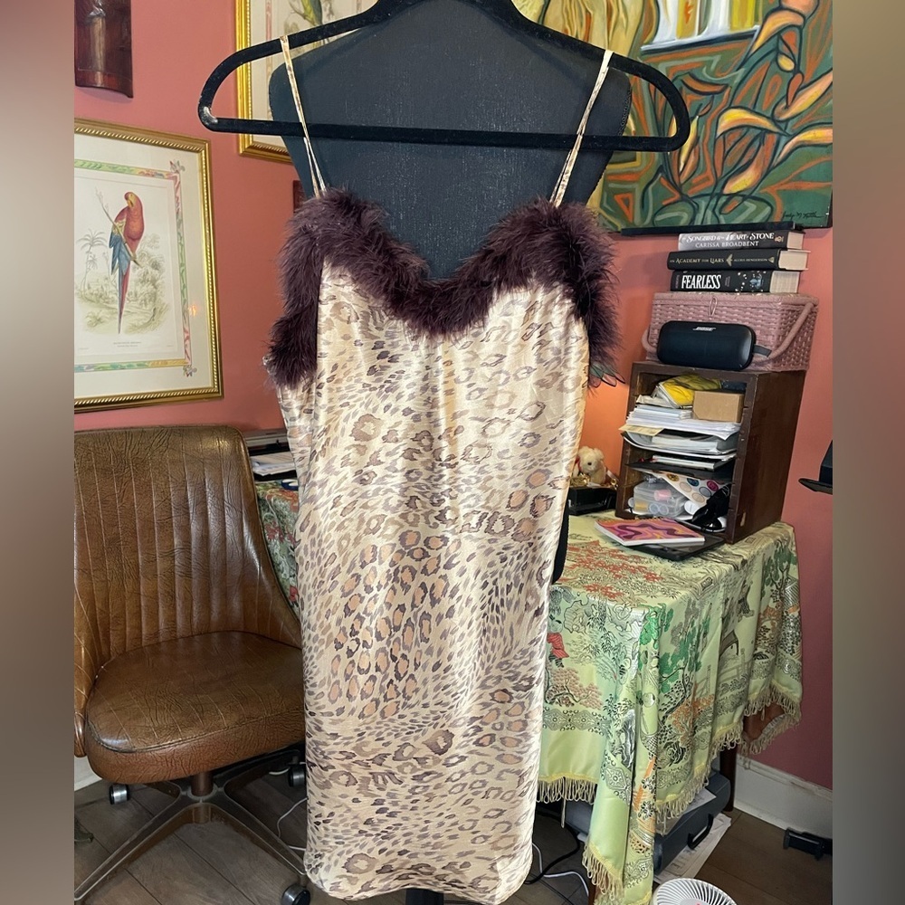 Cinema Etoile Vintage y2k Cheetah Print Mini Sleep dress with feathers Small